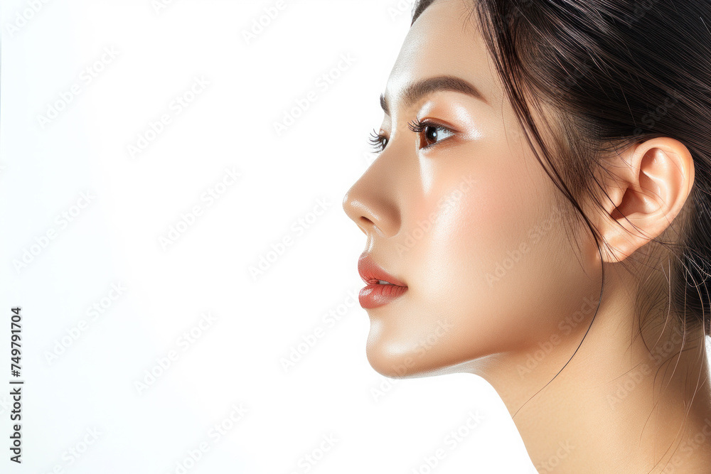 Side profile of young woman with clear skin on white background. Skincare and beauty. Side profile of young woman with clear skin on white background. Skincare and beauty.