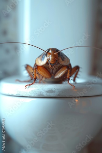 A big cockroach is sitting on the toilet in the toilet