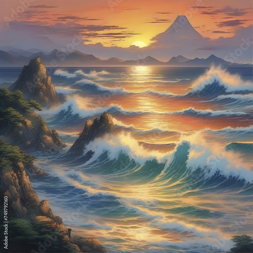 Traditional Japanese-style painting of the Ocean and beautiful waves at sunset.