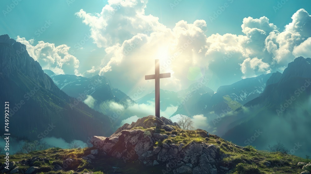 Christian cross against the sky over the mountains - obrazy, fototapety, plakaty 
