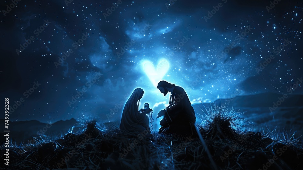 Christmas religious nativity story concept: Silhouette mother Mary and father Joseph looking Jesus born in birth manger with heart shape of tomb stone on night - obrazy, fototapety, plakaty 