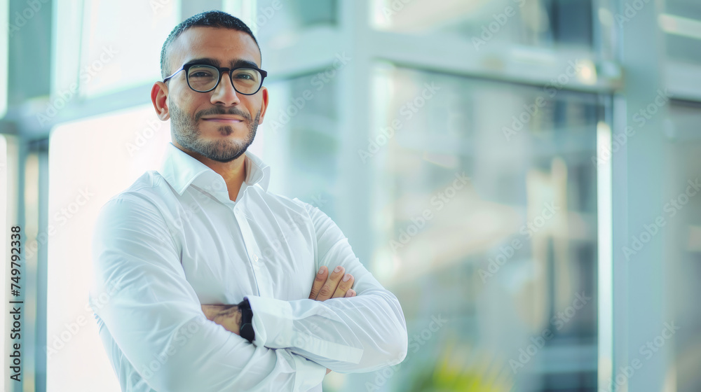 Portrait of a successful businessman with confident and friendly facial expression and his arms crossed in front of blurred office background. Generative AI Portrait of a successful businessman with confident and friendly facial expression and his arms crossed in front of blurred office background. Generative AI