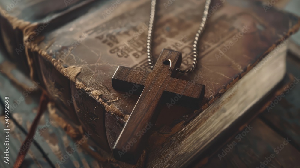 Closeup of simple wooden Christian cross necklace on Bible , vintage tone , god - obrazy, fototapety, plakaty 