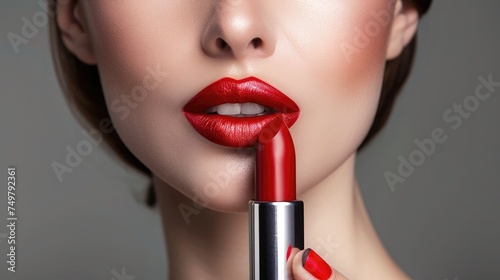 Close up portrait of attractive girl rouging her lips. She is holding red lipstick. Her mouth is gently open. Isolated on grey background