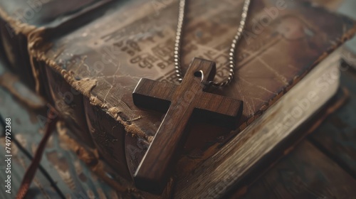 Closeup of simple wooden Christian cross necklace on Bible , vintage tone , god photo