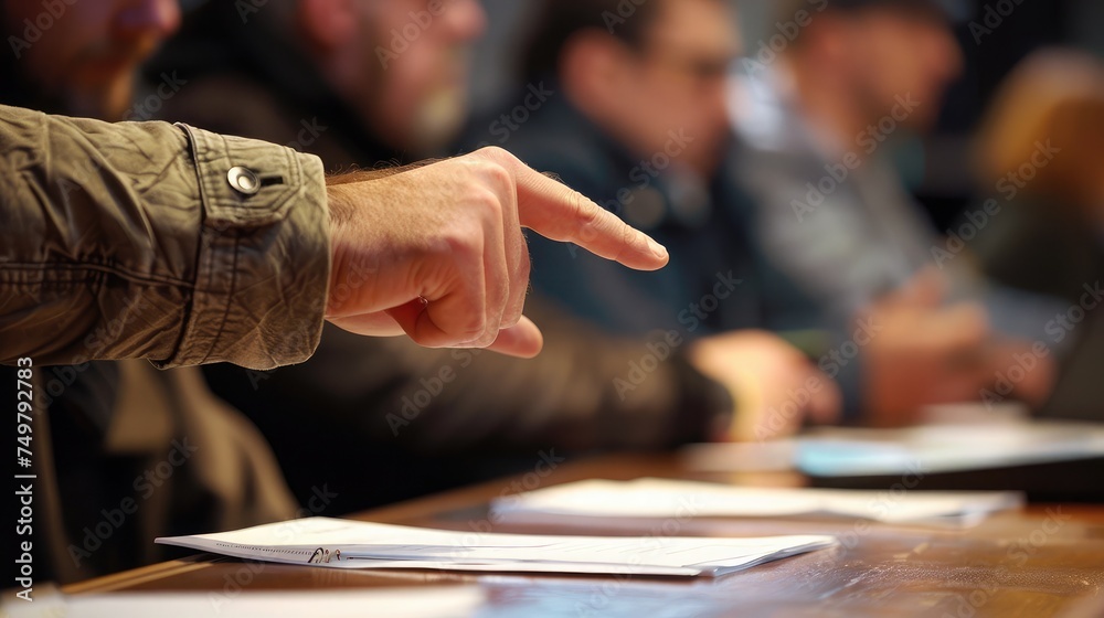 Image of male hand pointing at business document during discussion at meeting