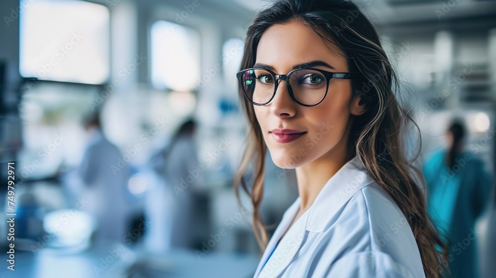 Fototapeta premium Gorgeous young scientist with glasses and a white coat.