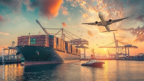 Logistics and transportation of Container Cargo ship and Cargo plane with working crane bridge in shipyard, logistic import export and transport industry background photo