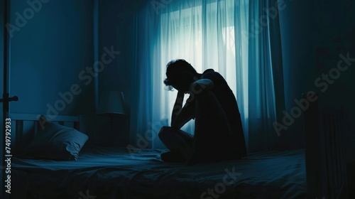 Lonely man silhouette sitting on the bed feeling depressed and stressed in the dark bedroom, Depression and anxiety disorder concept