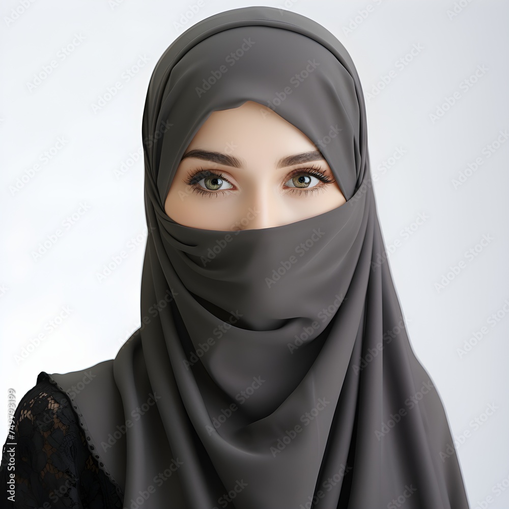 Portrait of young beautiful Muslim woman in niqab on white background Portrait of young beautiful Muslim woman in niqab on white background