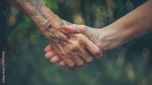 Parkinson disease patient, Alzheimer elderly senior, Arthritis person's hand in support of nursing family caregiver care for disability awareness day, National care givers month, ageing society photo