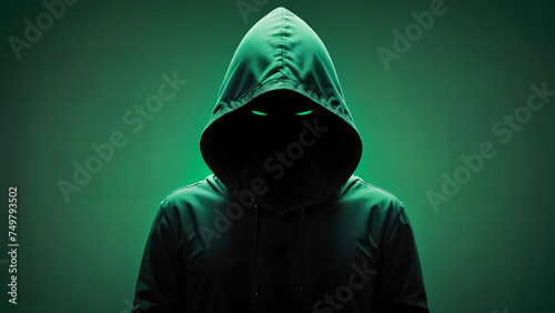 Silhouette anonymous computer hooded hacker on green background