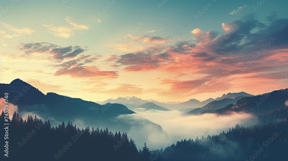 Colorful Sunrise Over Mountains: Panoramic View with Vintage Cross-Process Filter - Outdoors Background with Sunlight, Fog, and Trees