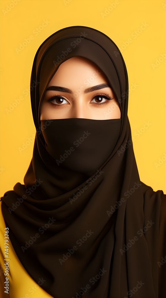 Portrait of young beautiful Muslim woman in niqab on yellow background Portrait of young beautiful Muslim woman in niqab on yellow background