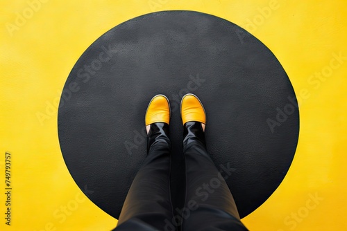 Comfort Zone. Path to Career Success Within Walls of Comfort. A Black Shoe Stands in a Yellow Circle on Asphalt Floor. Business Concept photo