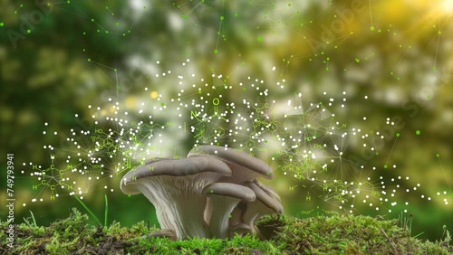 time lapse of mushroom growth on forest landscape background with moving structural formulas of chemical elements, concept of plant growing and organic chemistry