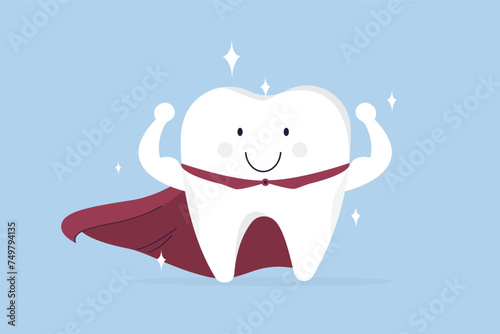 Superhero tooth. Strong healthy tooth in red cloak. Cute, smiling and happy tooth super hero. Teeth care and hygiene concept.