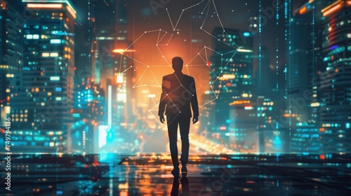 Business technology concept, Professional business man walking on future network city background and futuristic interface graphic at night, photo
