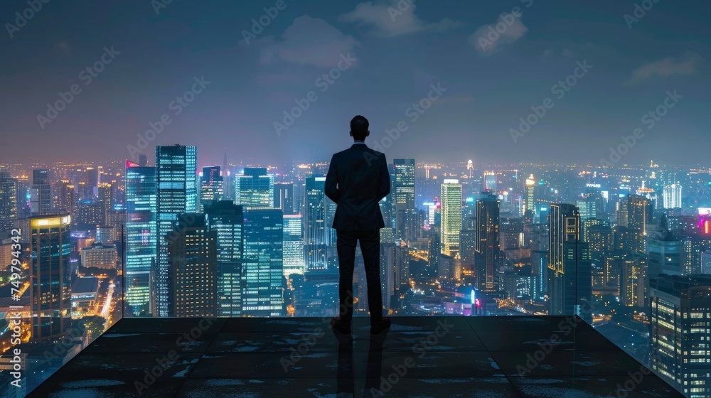 Businessman standing on open roof top balcony watching city night view .