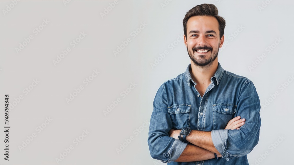 Casually handsome. Confident young handsome man in jeans shirt keeping arms crossed and smiling while standing against white background Casually handsome. Confident young handsome man in jeans shirt keeping arms crossed and smiling while standing against white background