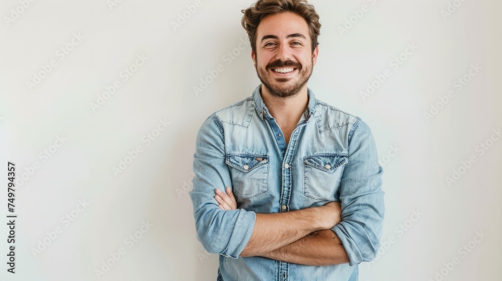 Casually handsome. Confident young handsome man in jeans shirt keeping arms crossed and smiling while standing against white background Casually handsome. Confident young handsome man in jeans shirt keeping arms crossed and smiling while standing against white background