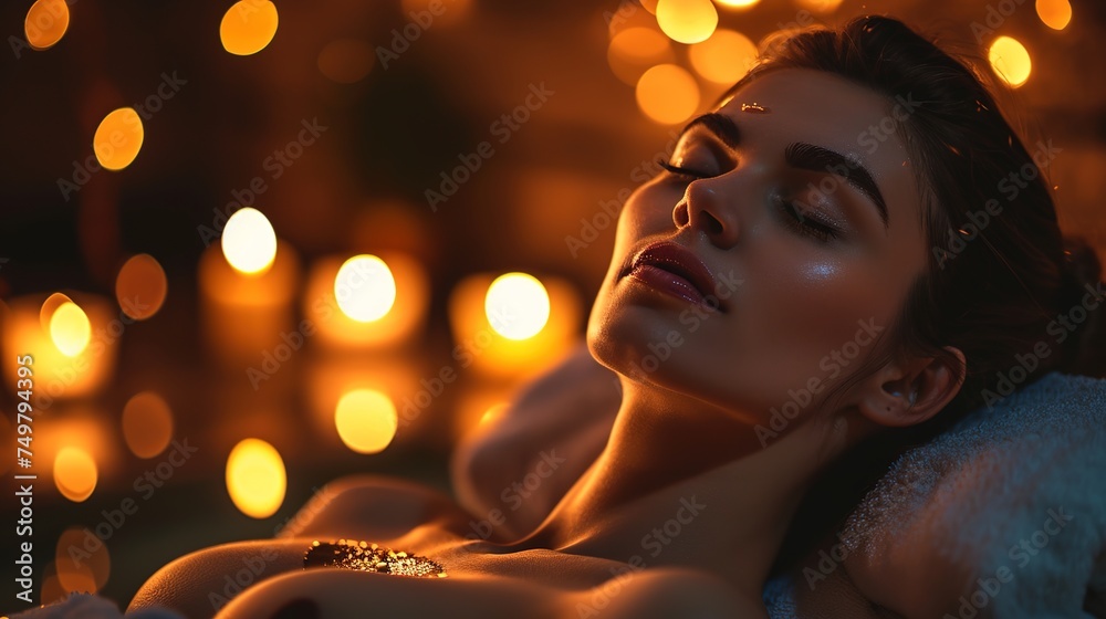 Woman using candles in a dimly lit spa. Woman using candles in a dimly lit spa.