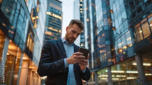Wallpaper Mural Businessman using mobile phone app texting outside of office in urban city with skyscrapers buildings in the background. Torontodigital.ca