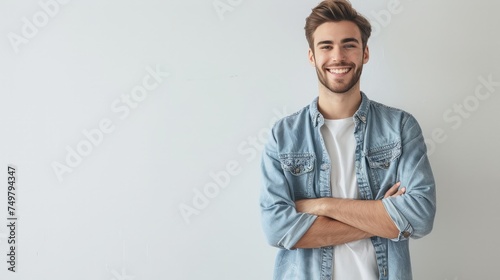 Casually handsome. Confident young handsome man in jeans shirt keeping arms crossed and smiling while standing against white background #749794347