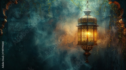 illustration of Ramadan lantern with golden Islamic inscriptions with a hollow background
