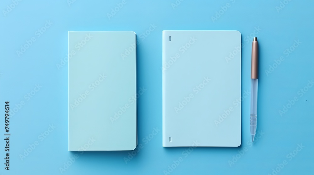 Blank Blue Notebook & Pocket Card with Stationery on the Desk for Your Text or Card. Blank Blue Notebook & Pocket Card with Stationery on the Desk for Your Text or Card.