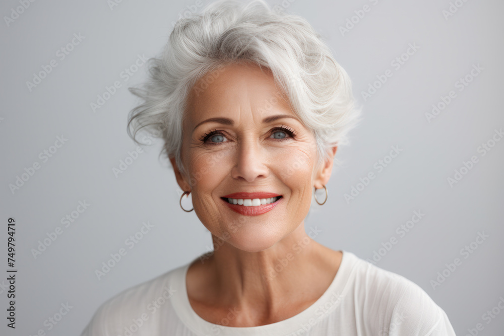 Radiant senior woman with charming smile on light background. Graceful aging.