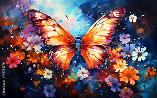 Watercolor and painting colorful butterfly in grass field and blooming flowers and Floral Symphony © Coco