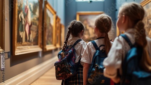 Kids in school visiting an art gallery. photo