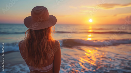 Woman enjoying a beach sunrise in a straw hat.