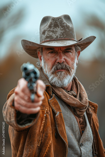 Stern cowboy aiming a revolver.