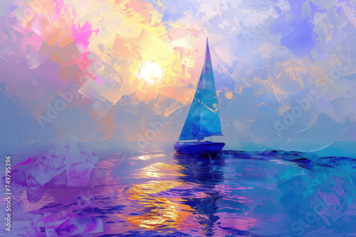 Sailboat against Shattered Pastel Sunset on a Tranquil Ocean
