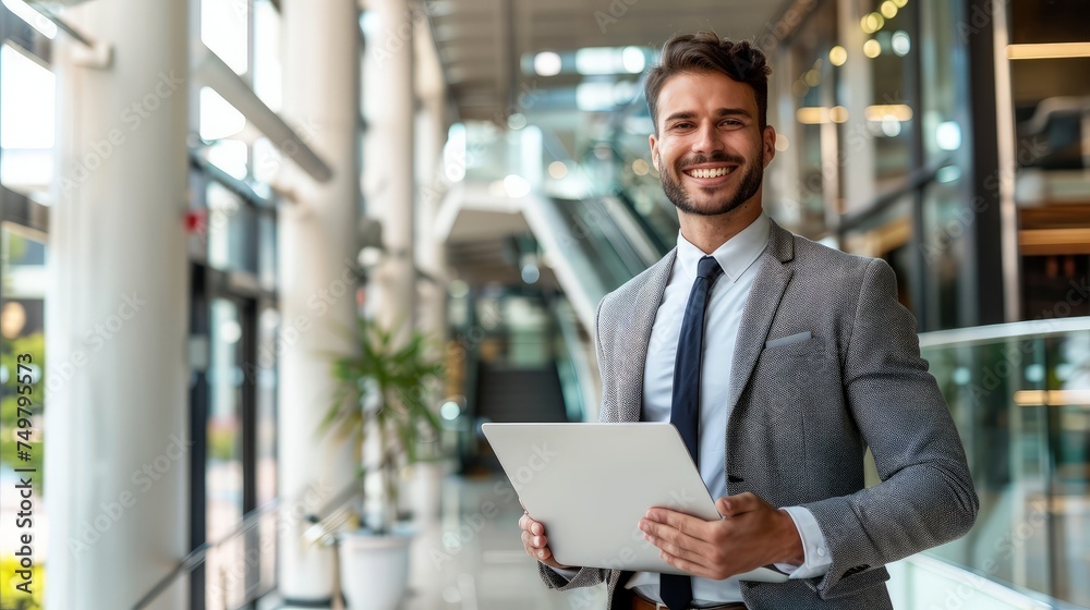 Happy young businessman using laptop in business building, smiling. Happy young businessman using laptop in business building, smiling.
