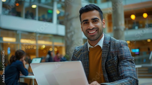 Happy young businessman using laptop in business building, smiling.