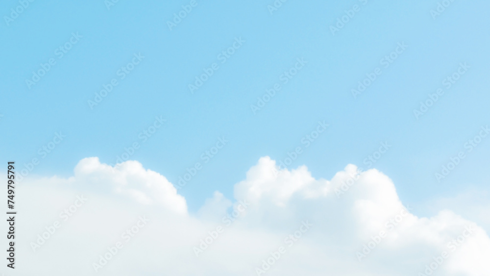 Blue sky with cumulus white fluffy cloud. Soft blur pastel sky for background backdrop. Beautiful nature. Heaven concept. Freedom of life, New life beginning and Positive energy concepts.