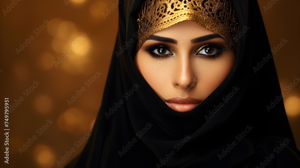 Portrait of young beautiful Muslim woman in hijab on gold background Portrait of young beautiful Muslim woman in hijab on gold background