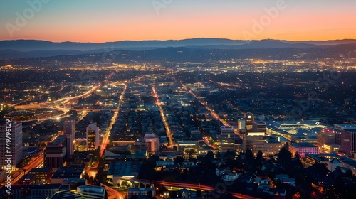 Aerial View of Portland Cityscape at Dusk with Neon Lights © pkproject