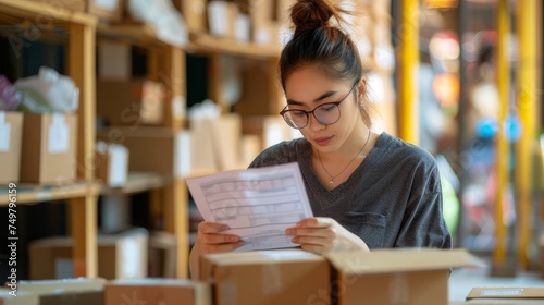 Portrait of Starting small businesses SME owners female entrepreneurs working on receipt box and check online orders to prepare to pack the boxes,