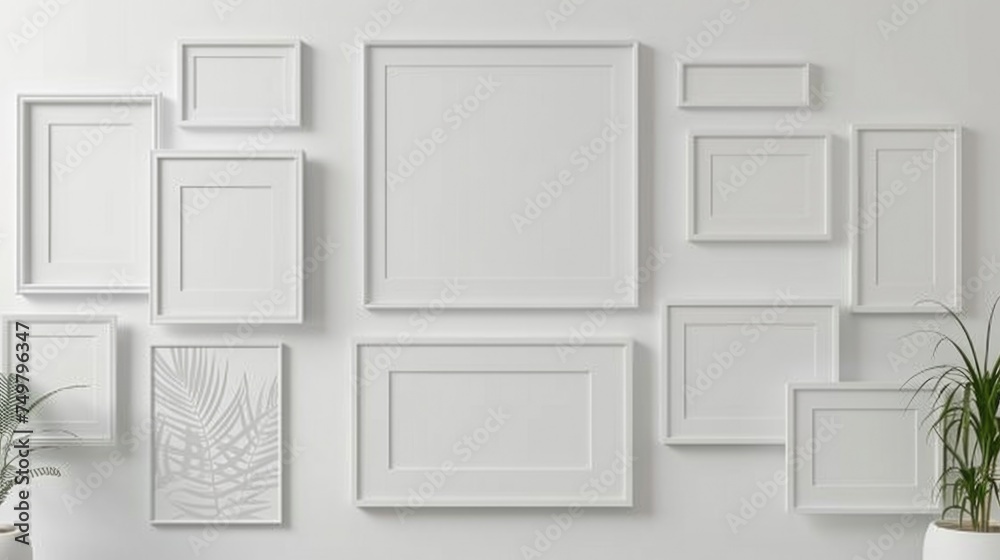 A simple white room with frames on the wall and a potted plant in the corner. Suitable for interior design concepts A simple white room with frames on the wall and a potted plant in the corner. Suitable for interior design concepts