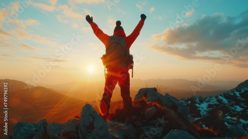 A person standing on top of a mountain with their arms raised. Suitable for inspirational and success concepts