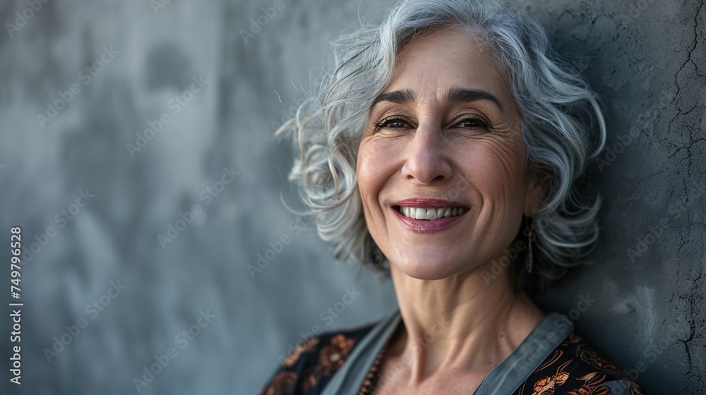 Close-up portrait of old woman with and smile on gray wall background. Close-up portrait of old woman with and smile on gray wall background.