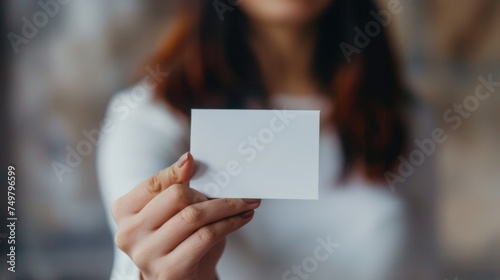Woman holding a blank business card. Suitable for business and marketing concepts