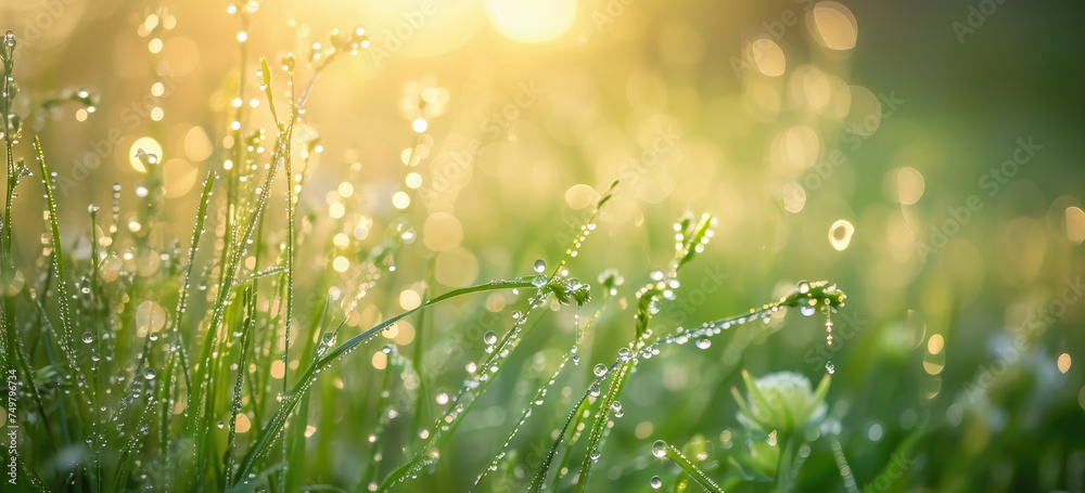 Morning dew on fresh spring grass with sunrise light. Nature awakening.