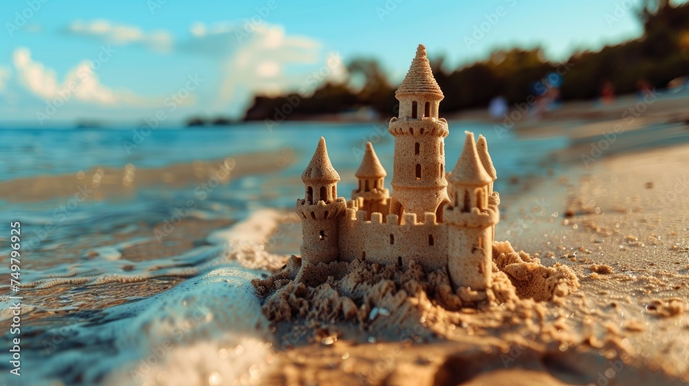 Fototapeta premium A sand castle on a sandy beach, perfect for summer concepts and travel destinations