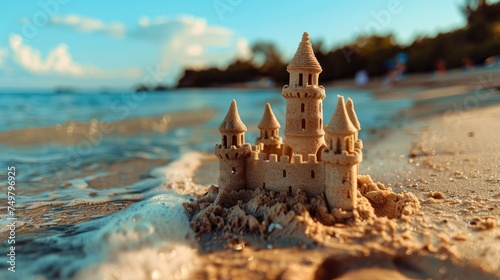 A sand castle on a sandy beach, perfect for summer concepts and travel destinations