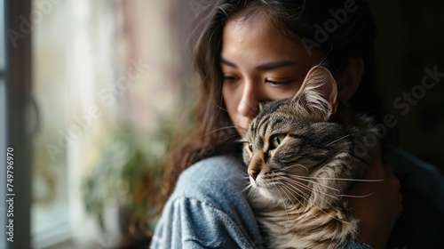 A young girl gently strokes her fluffy white cat.